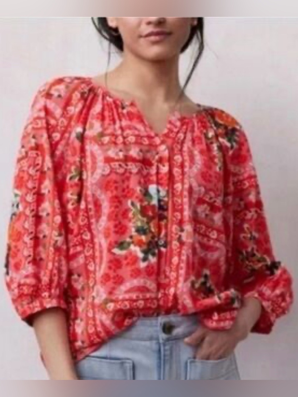 LC Lauren Conrad Coral Red Floral Peasant Blouse